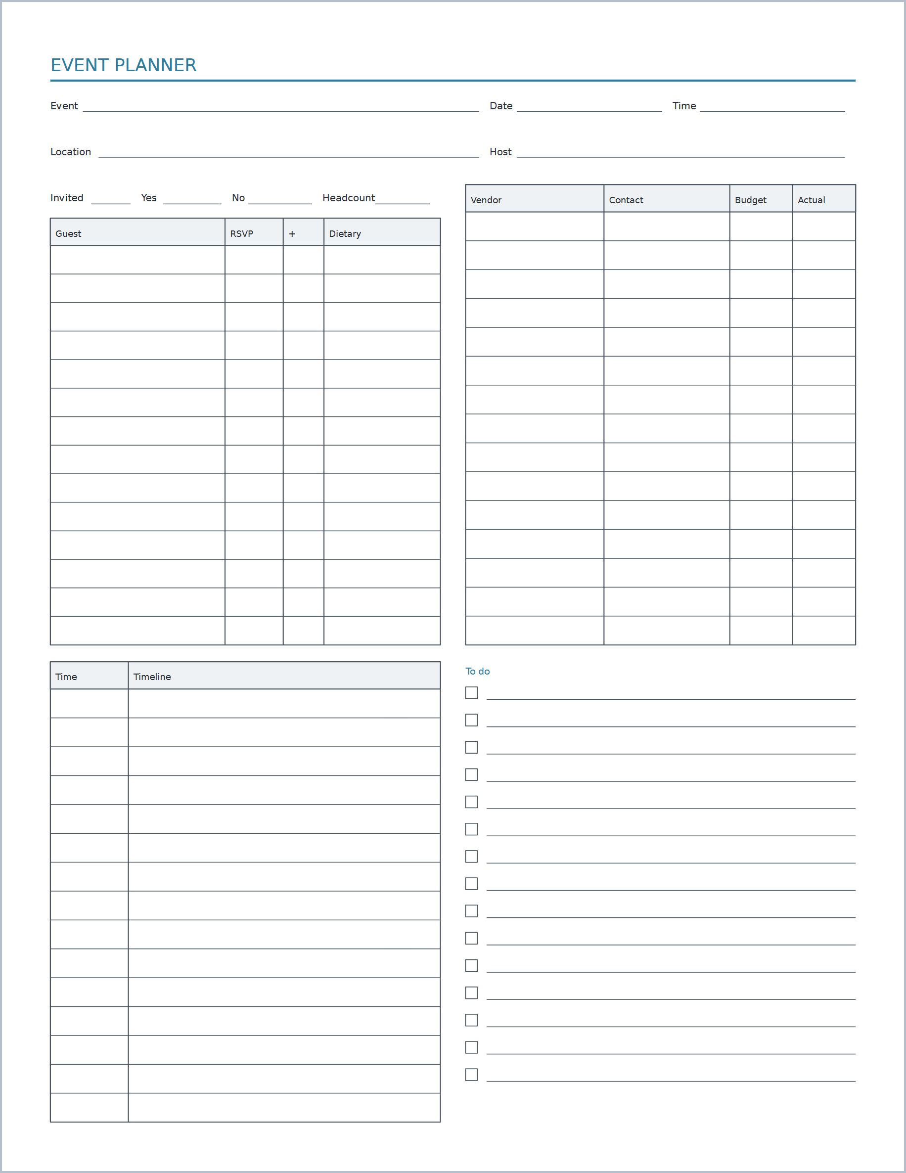 Event & party planner printable paper, US Letter