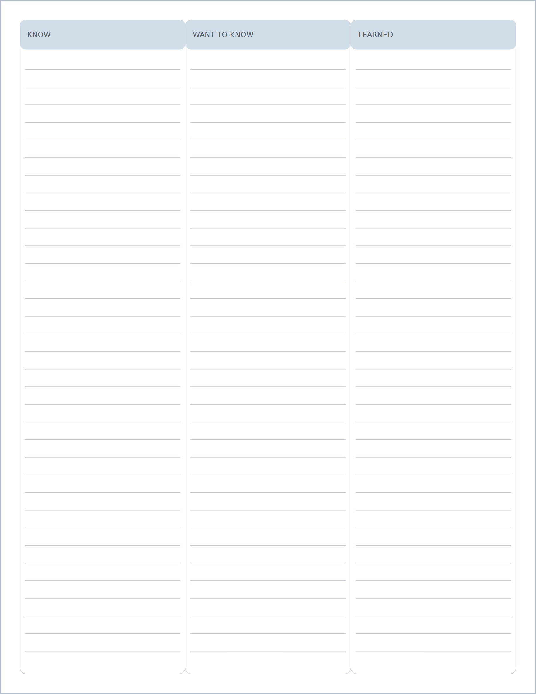 KWL chart printable paper, US Letter