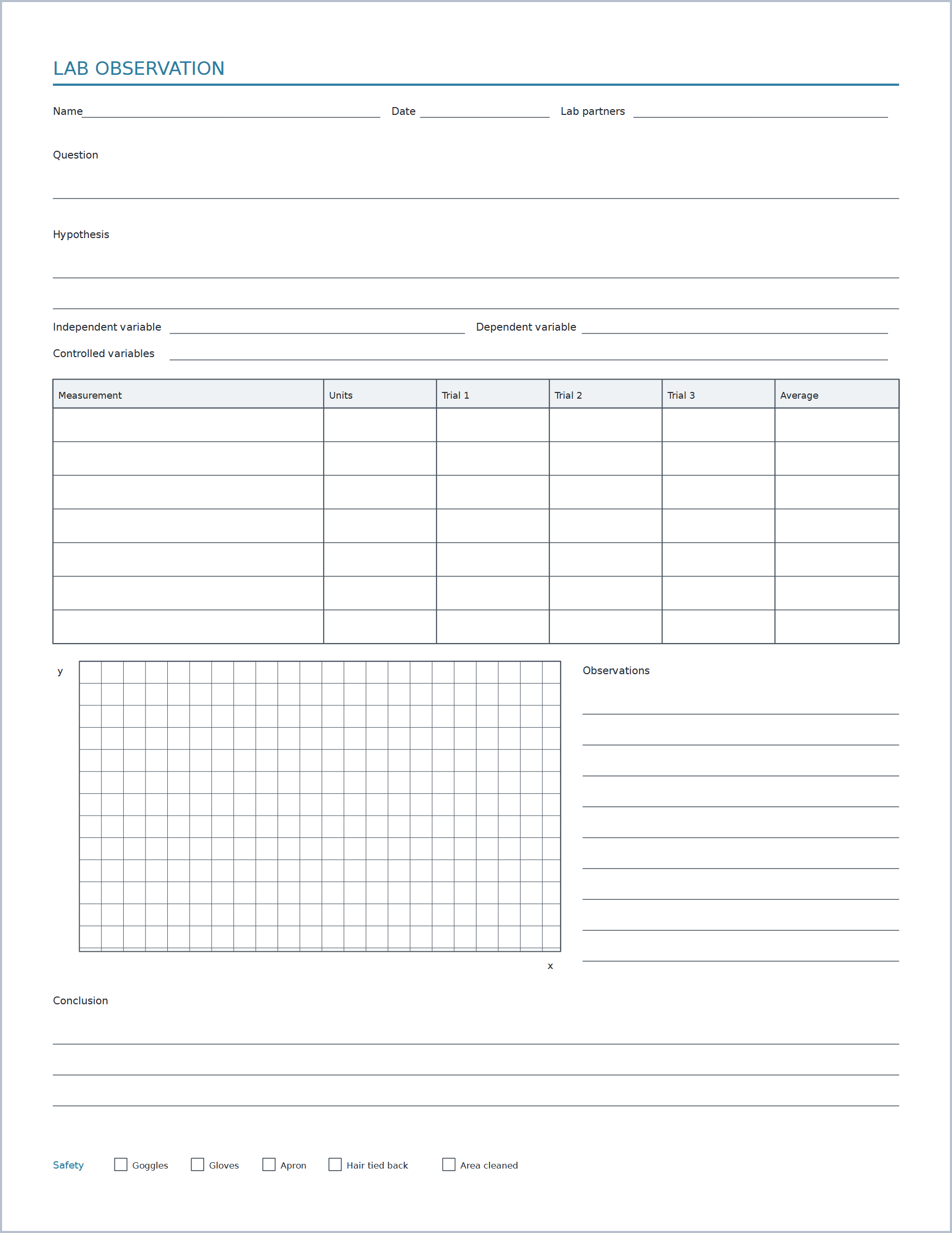 Printable Lab Report Template – science lab observation sheet, US Letter
