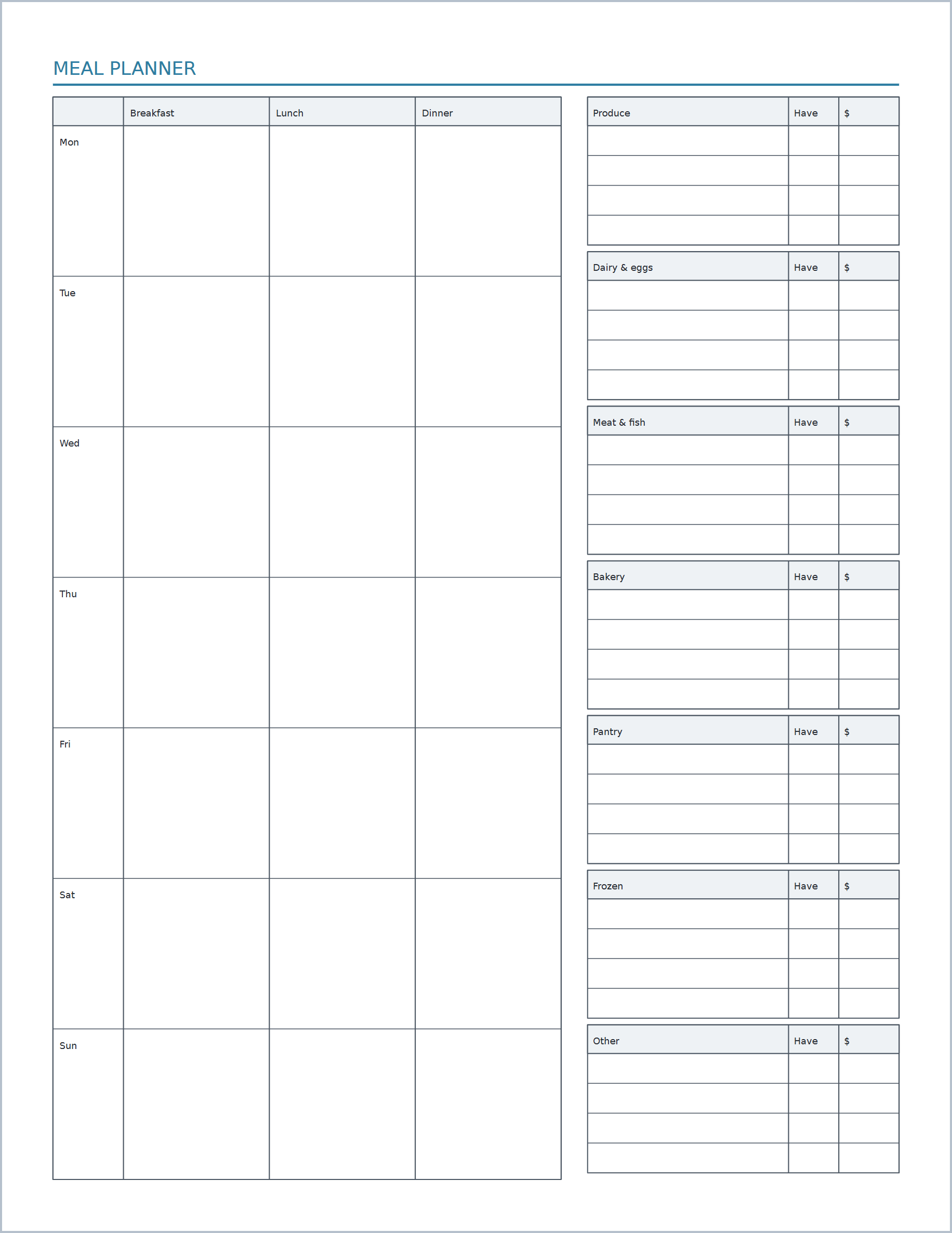 Printable Meal Planner & Grocery List – weekly meal plan template, US Letter