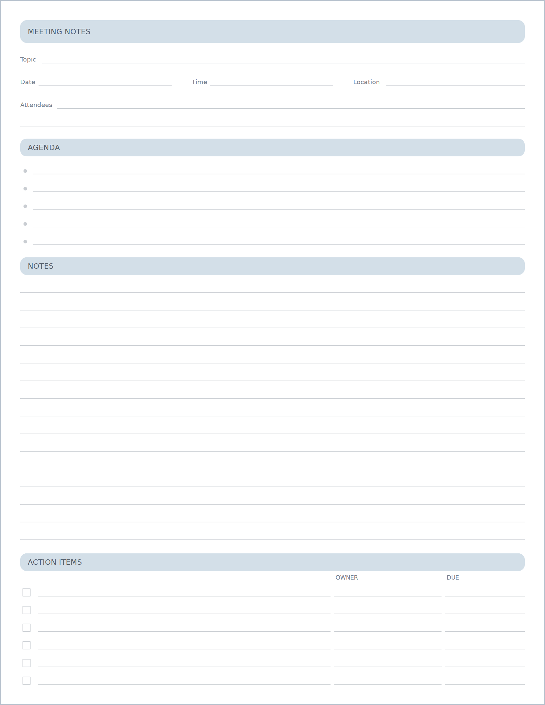 Free Printable Meeting Notes Template – meeting minutes template, US Letter