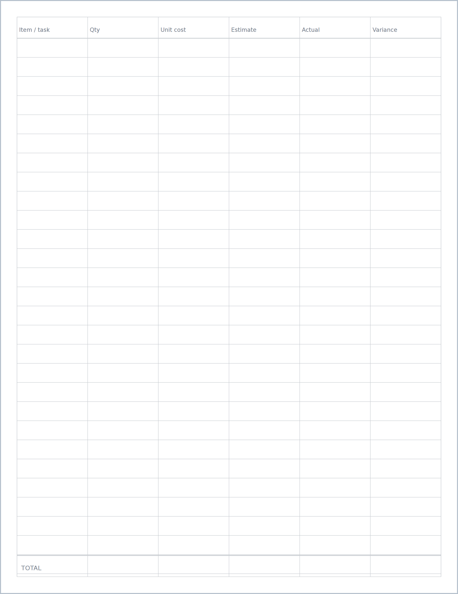 Project budget printable paper, US Letter
