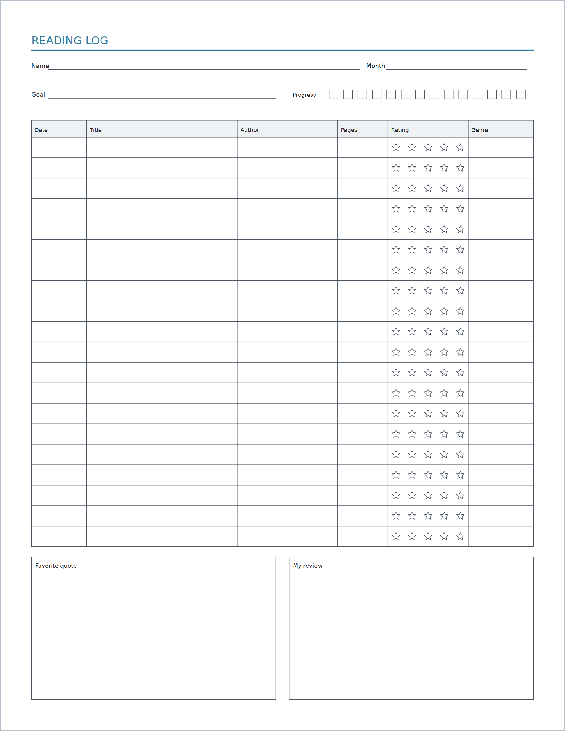 Reading log & book review printable paper, US Letter