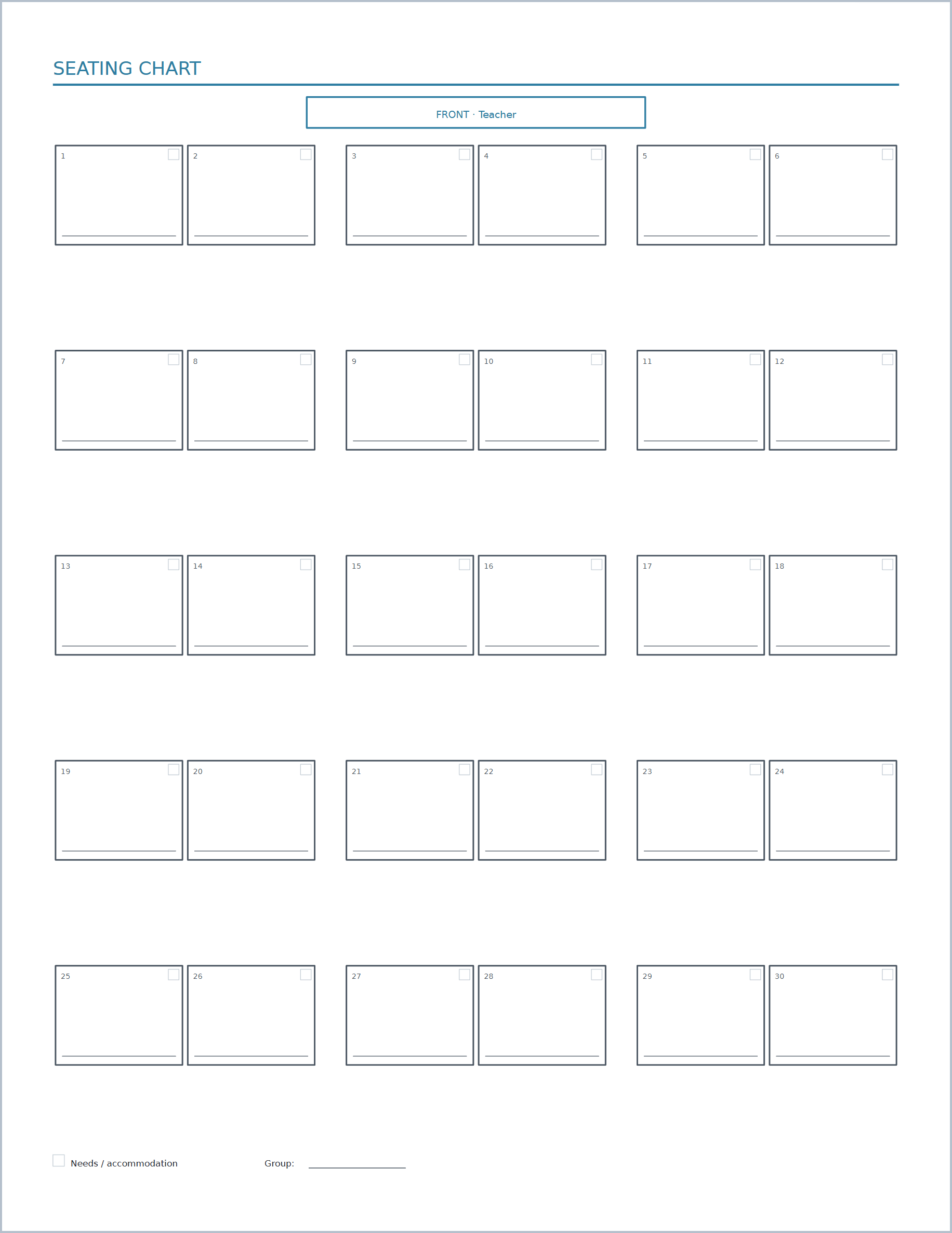 Classroom seating chart printable paper, US Letter