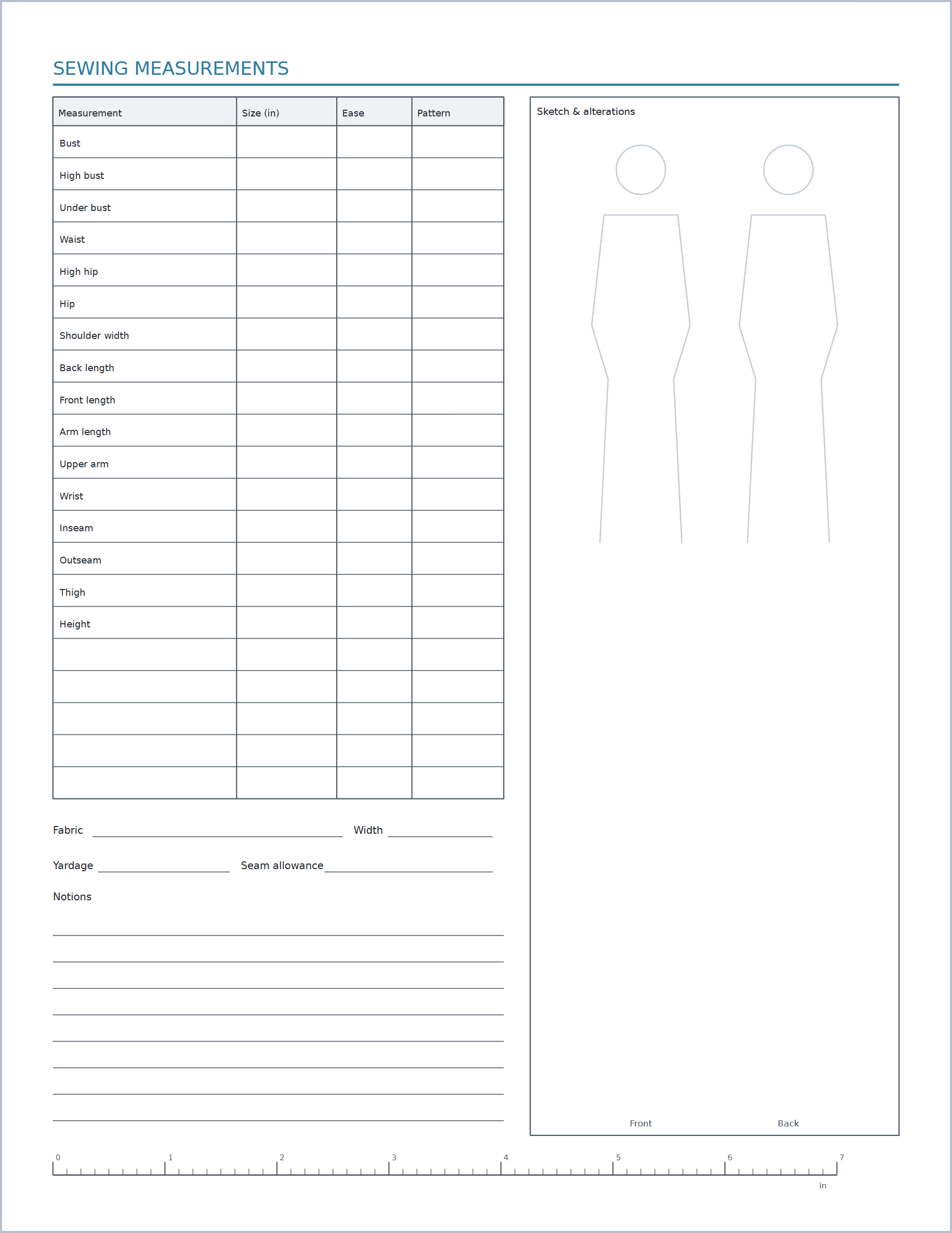 Sewing & garment measurements printable paper, US Letter