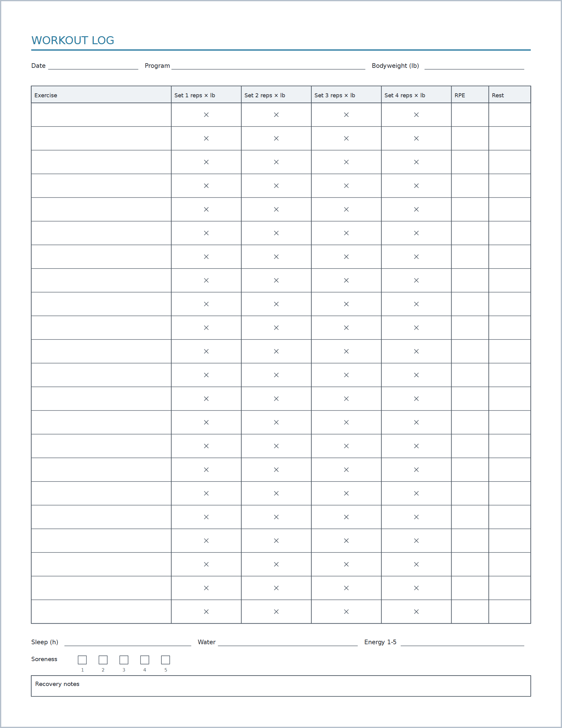 Fitness workout log printable paper, US Letter