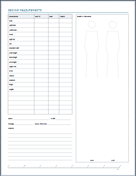 Sewing Measurement Chart printable